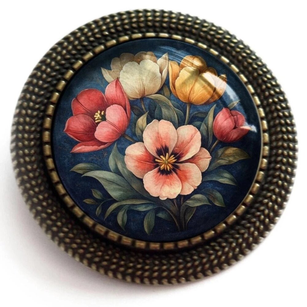 Moody‎ Tulip Flowers Brooch - Glass Cabochon Pin - Spring & Nature Jewelry